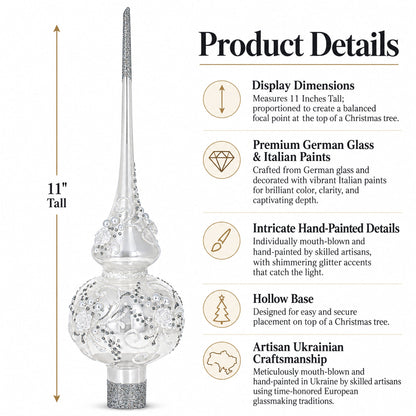 White Roses and Pearls on Glossy White Glass Christmas Tree Topper 11 Inches