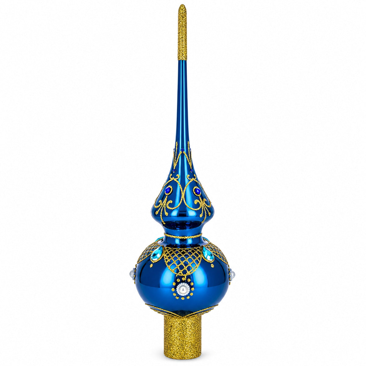 Blue Jewels and White Pearls on Glossy Blue Glass Christmas Tree Topper 11 Inches