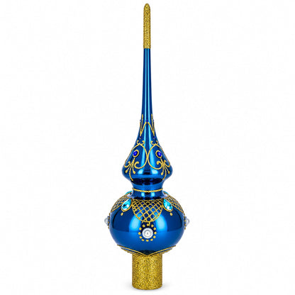 Blue Jewels and White Pearls on Glossy Blue Glass Christmas Tree Topper 11 Inches