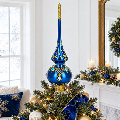 Blue Jewels and White Pearls on Glossy Blue Glass Christmas Tree Topper 11 Inches