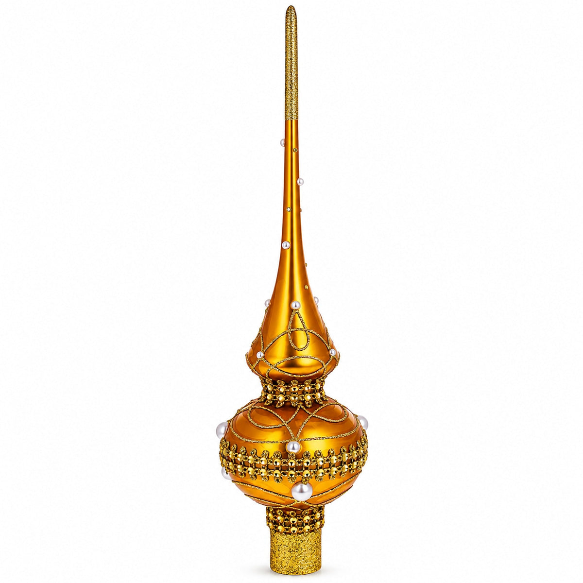 Golden Jewels and White Pearls on Gold Glass Christmas Tree Topper 11 Inches