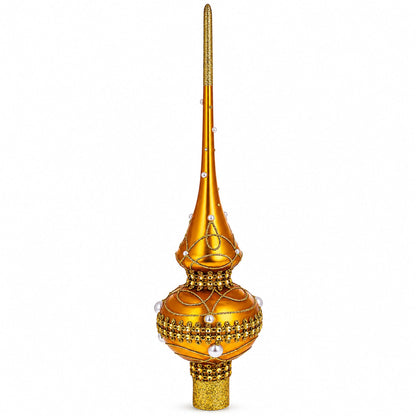 Golden Jewels and White Pearls on Gold Glass Christmas Tree Topper 11 Inches