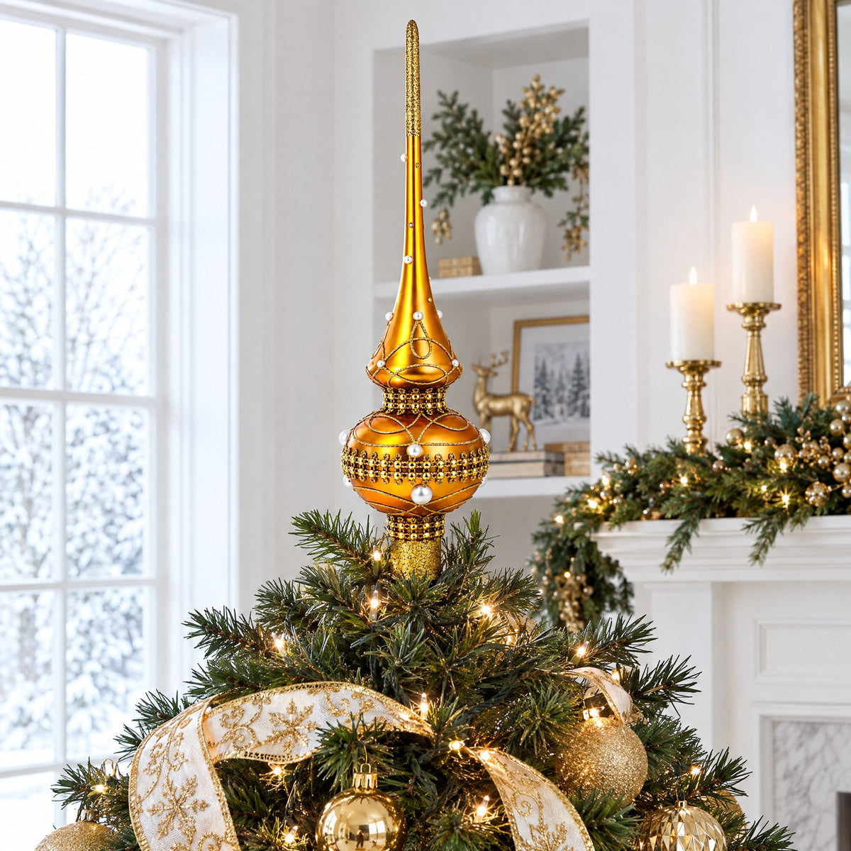 Golden Jewels and White Pearls on Gold Glass Christmas Tree Topper 11 Inches