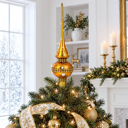 Golden Jewels and White Pearls on Gold Glass Christmas Tree Topper 11 Inches