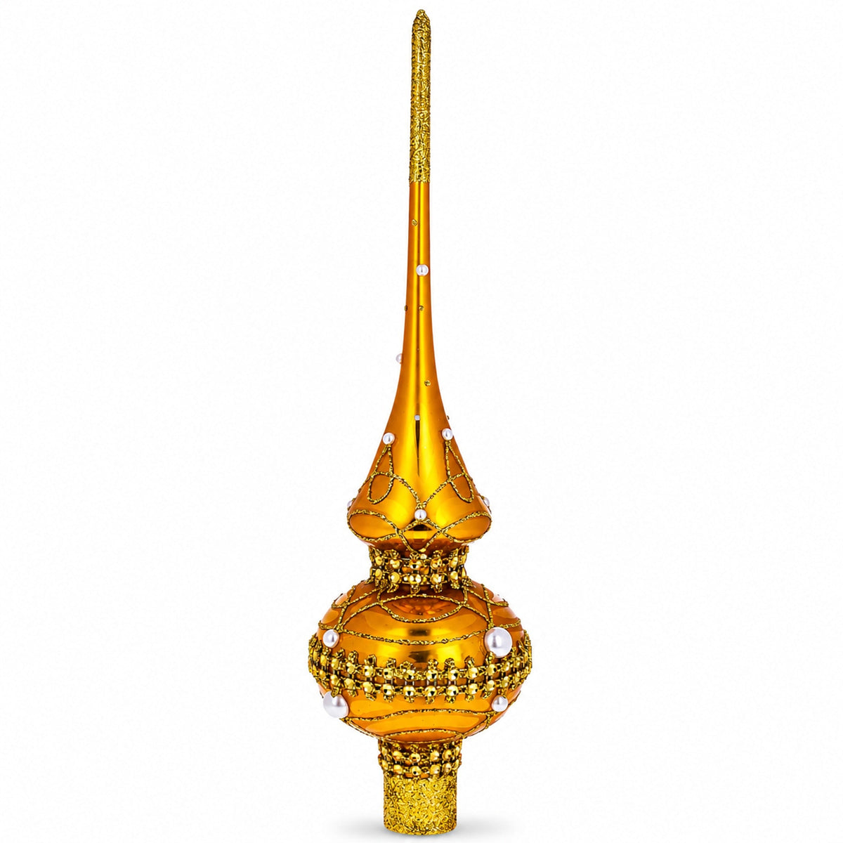 Golden Jewels and White Pearls on Gold Glass Christmas Tree Topper 11 Inches