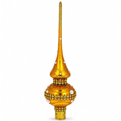 Golden Jewels and White Pearls on Gold Glass Christmas Tree Topper 11 Inches
