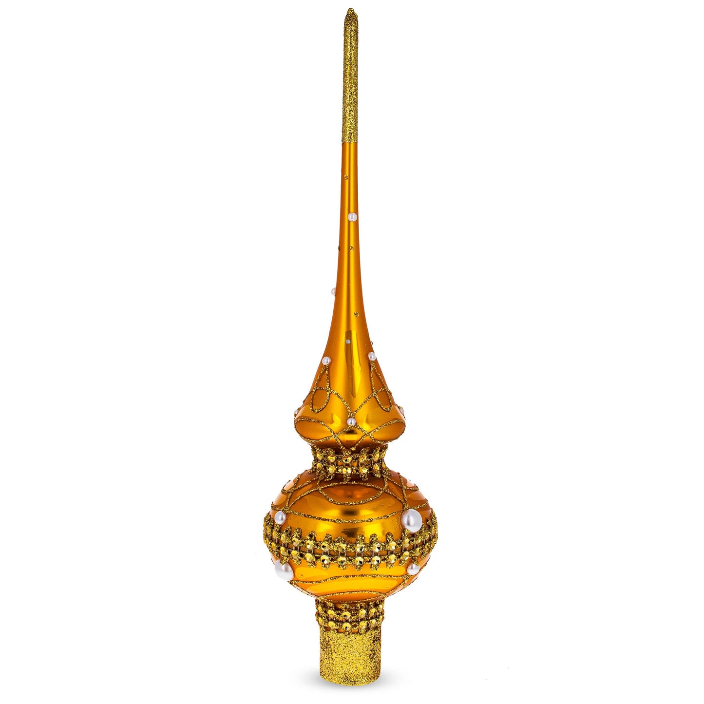 Golden Jewels and White Pearls on Gold Glass Christmas Tree Topper 11 Inches