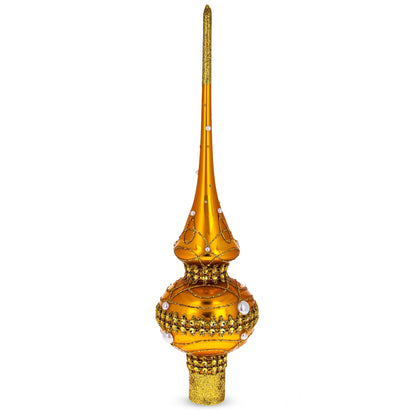 Golden Jewels and White Pearls on Gold Glass Christmas Tree Topper 11 Inches