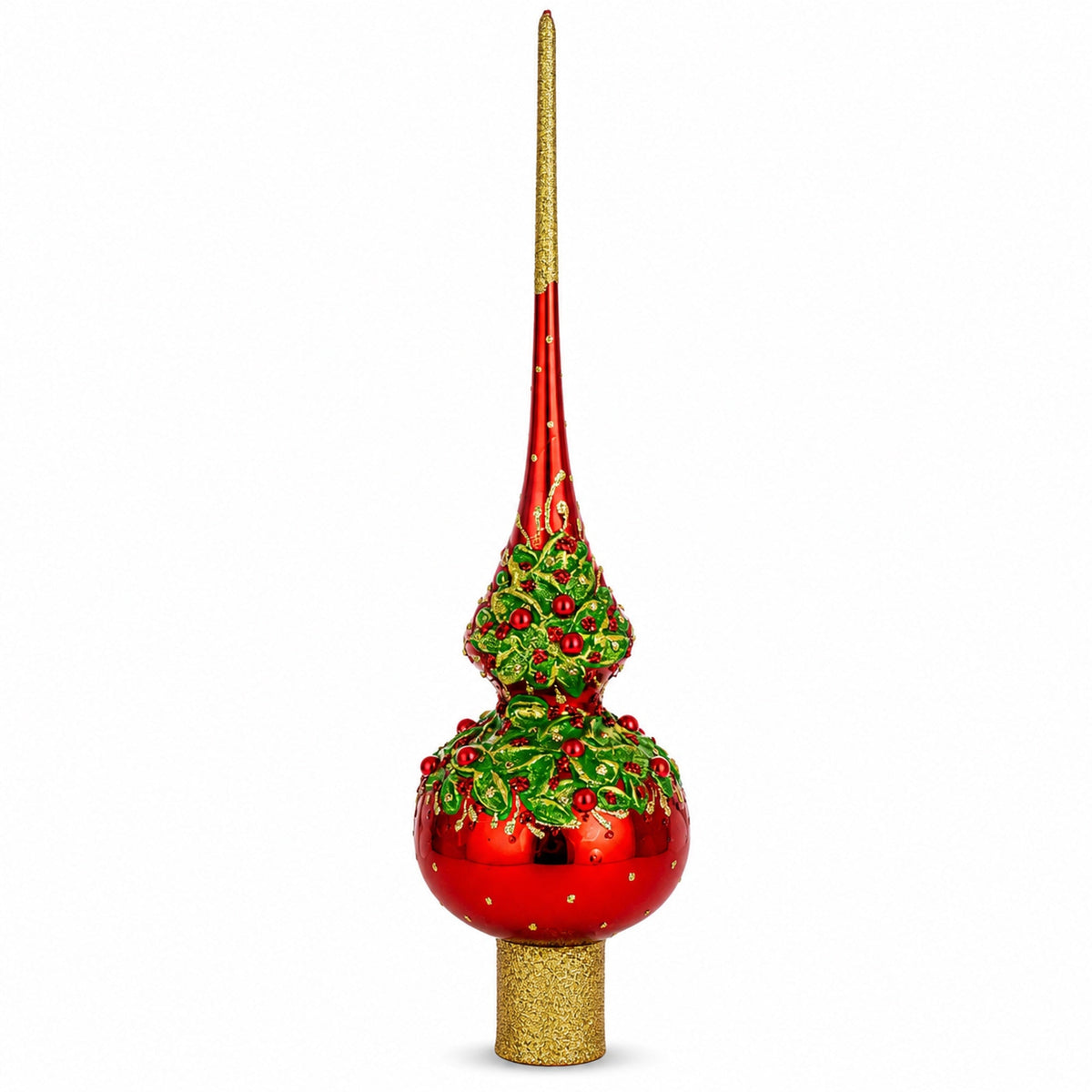 Red Pearls and Poinsettia Flowers on Glossy Red Glass Christmas Tree Topper 11 Inches