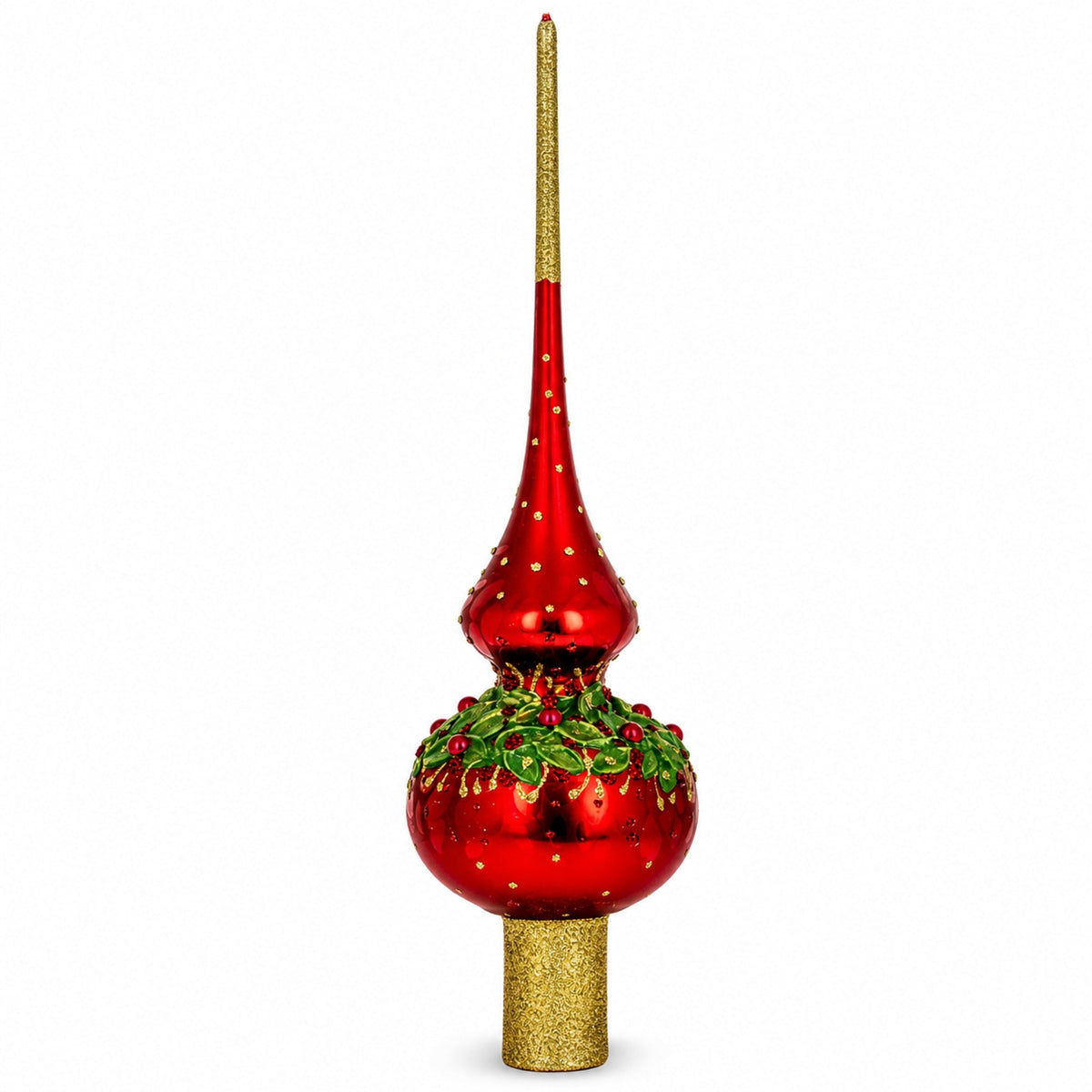 Red Pearls and Poinsettia Flowers on Glossy Red Glass Christmas Tree Topper 11 Inches