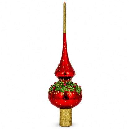 Red Pearls and Poinsettia Flowers on Glossy Red Glass Christmas Tree Topper 11 Inches