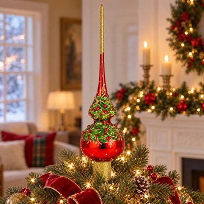 Red Pearls and Poinsettia Flowers on Glossy Red Glass Christmas Tree Topper 11 Inches