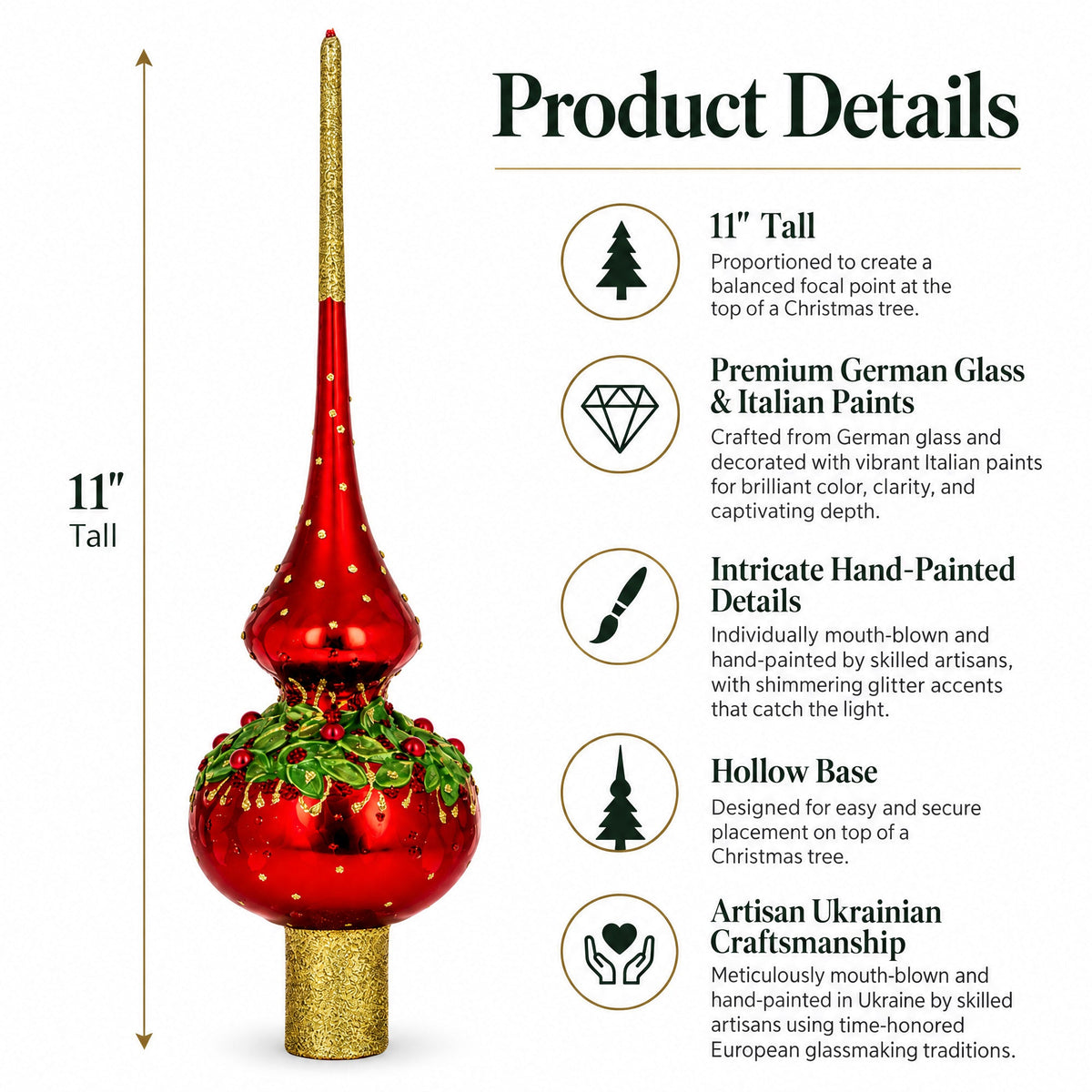 Red Pearls and Poinsettia Flowers on Glossy Red Glass Christmas Tree Topper 11 Inches