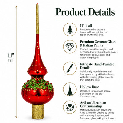 Red Pearls and Poinsettia Flowers on Glossy Red Glass Christmas Tree Topper 11 Inches