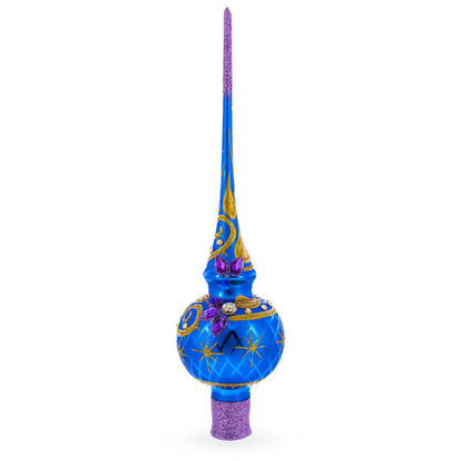 Purple Jewels and Golden Leaves on Blue Glass Christmas Tree Topper 11 Inches