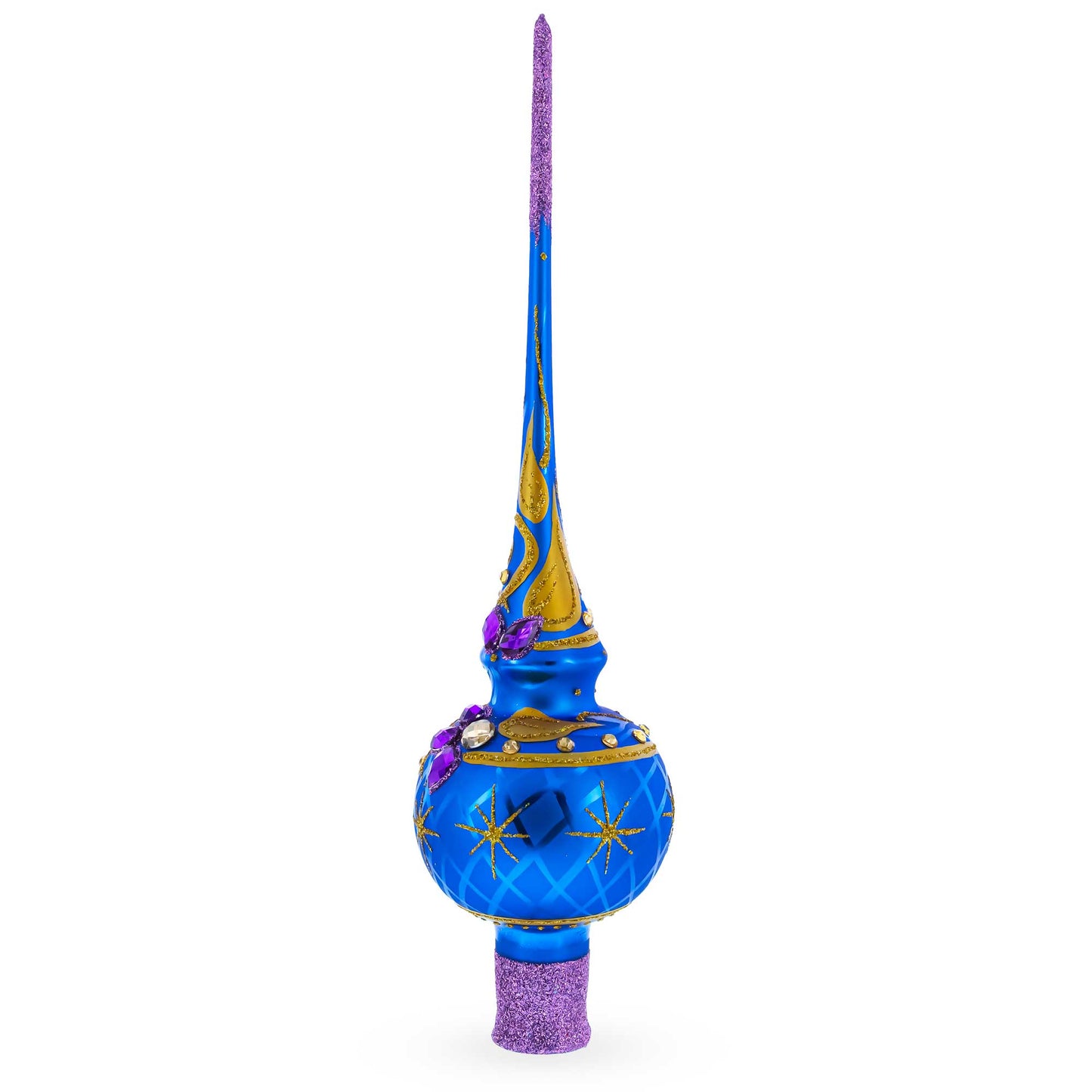 Purple Jewels and Golden Leaves on Blue Glass Christmas Tree Topper 11 Inches