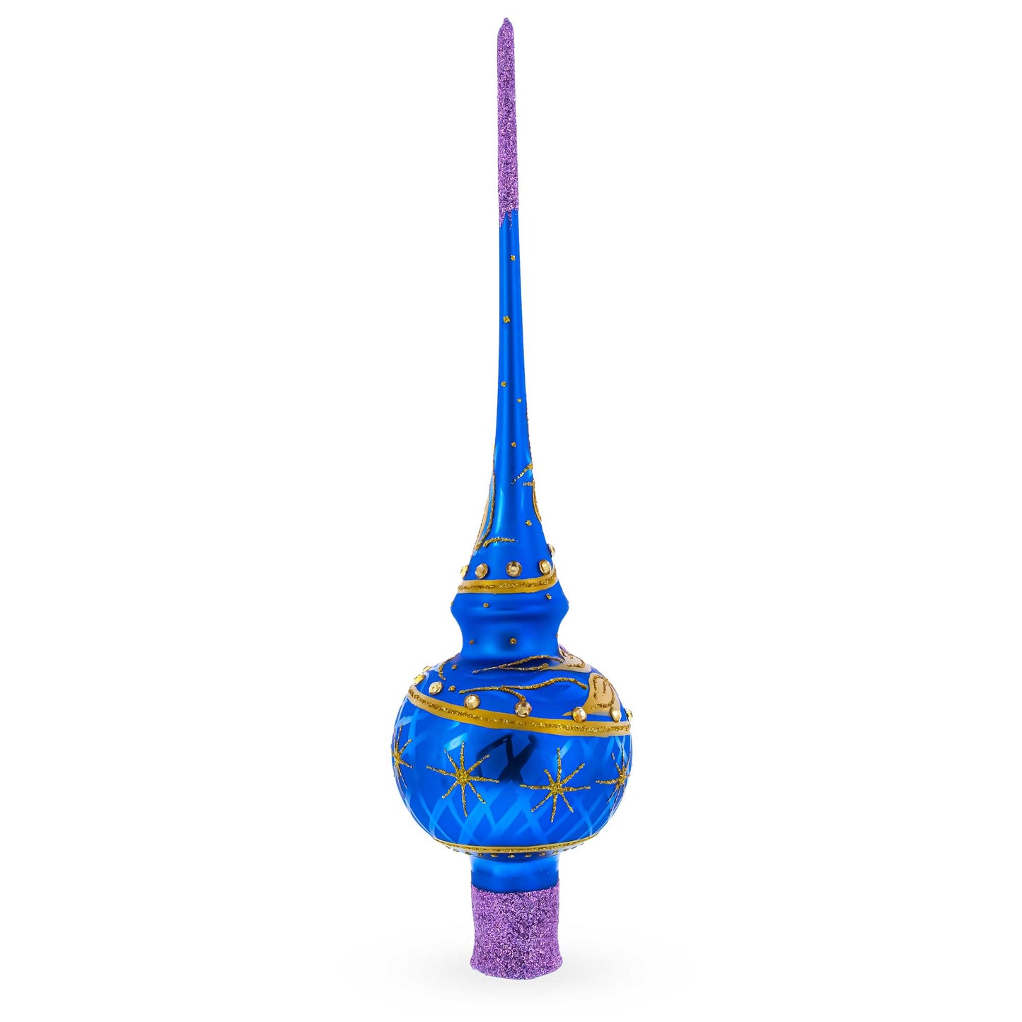 Purple Jewels and Golden Leaves on Blue Glass Christmas Tree Topper 11 Inches