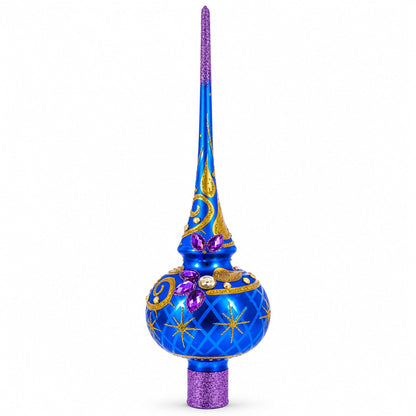 Purple Jewels and Golden Leaves on Blue Glass Christmas Tree Topper 11 Inches