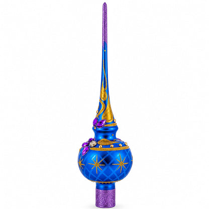 Purple Jewels and Golden Leaves on Blue Glass Christmas Tree Topper 11 Inches