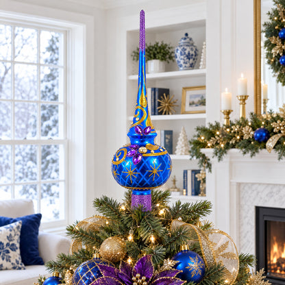 Purple Jewels and Golden Leaves on Blue Glass Christmas Tree Topper 11 Inches