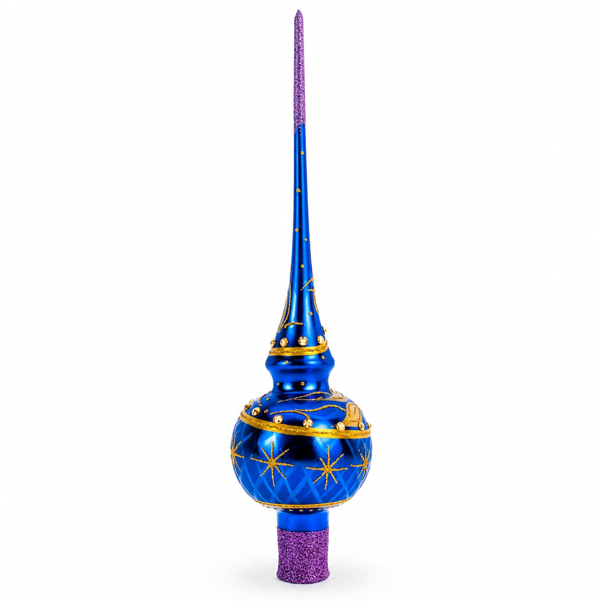 Purple Jewels and Golden Leaves on Blue Glass Christmas Tree Topper 11 Inches