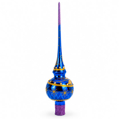 Purple Jewels and Golden Leaves on Blue Glass Christmas Tree Topper 11 Inches