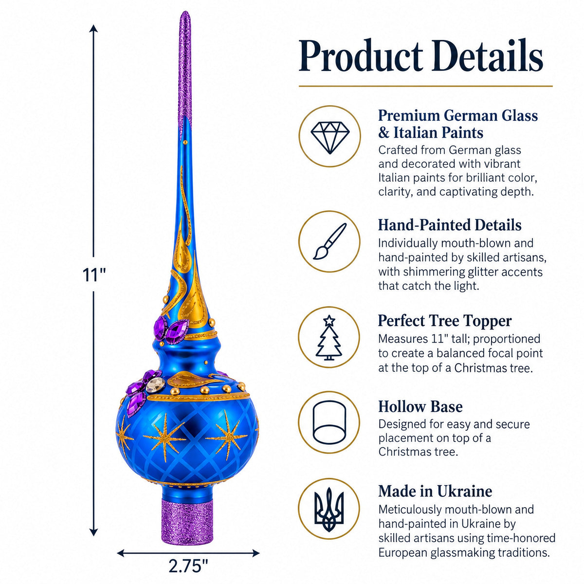Purple Jewels and Golden Leaves on Blue Glass Christmas Tree Topper 11 Inches