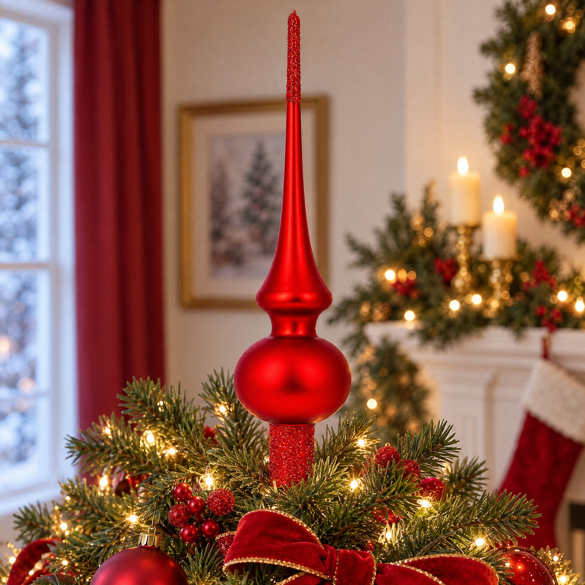 Matte Red with Sparkling Top Glass Christmas Tree Topper 11 Inches