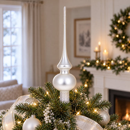 Matte White with Sparkling Top Glass Christmas Tree Topper 11 Inches