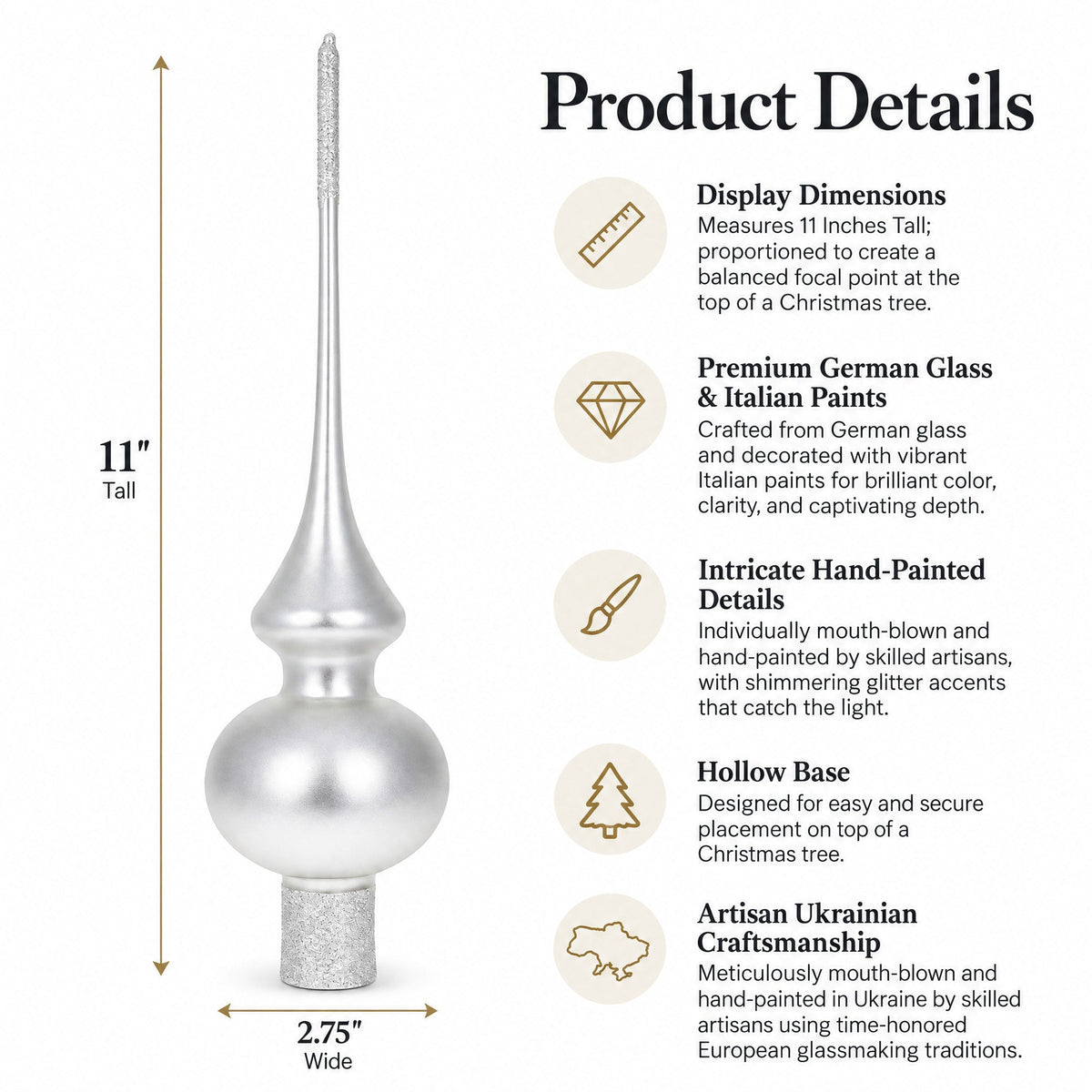 Matte White with Sparkling Top Glass Christmas Tree Topper 11 Inches