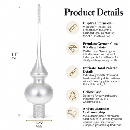 Matte White with Sparkling Top Glass Christmas Tree Topper 11 Inches