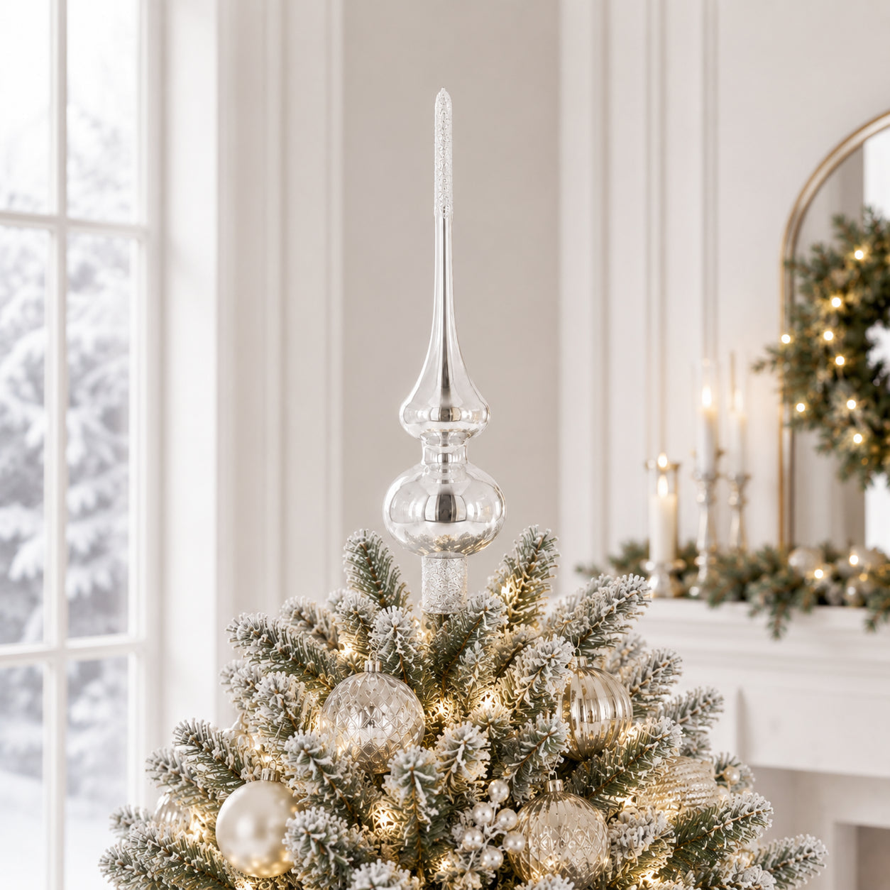 Glossy White with Sparkling Top Glass Christmas Tree Topper 11 Inches