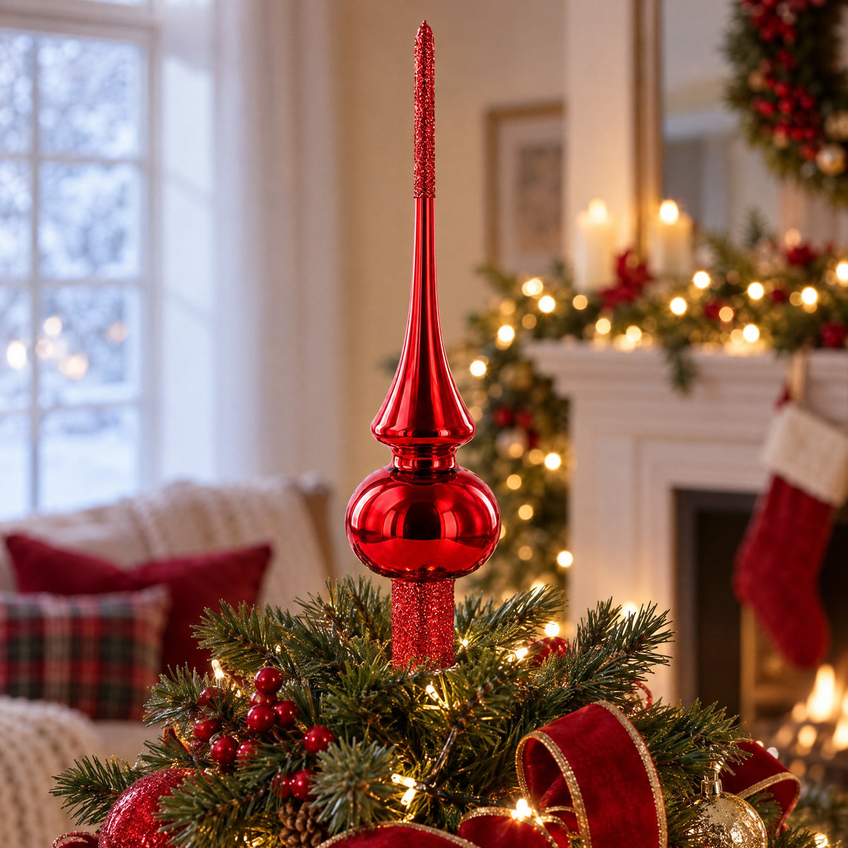 Glossy Red with Sparkling Top Glass Christmas Tree Topper 11 Inches