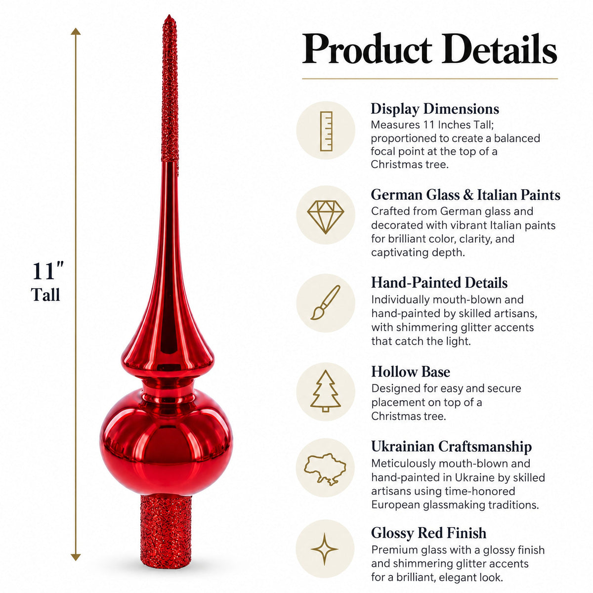 Glossy Red with Sparkling Top Glass Christmas Tree Topper 11 Inches