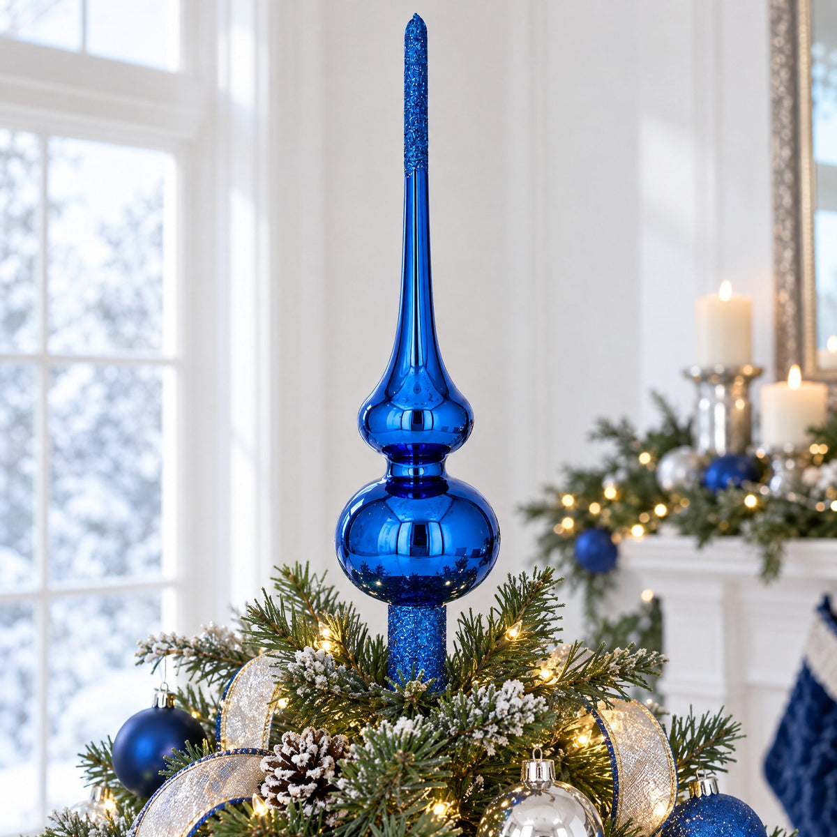 Glossy Blue with Sparkling Top Glass Christmas Tree Topper 11 Inches