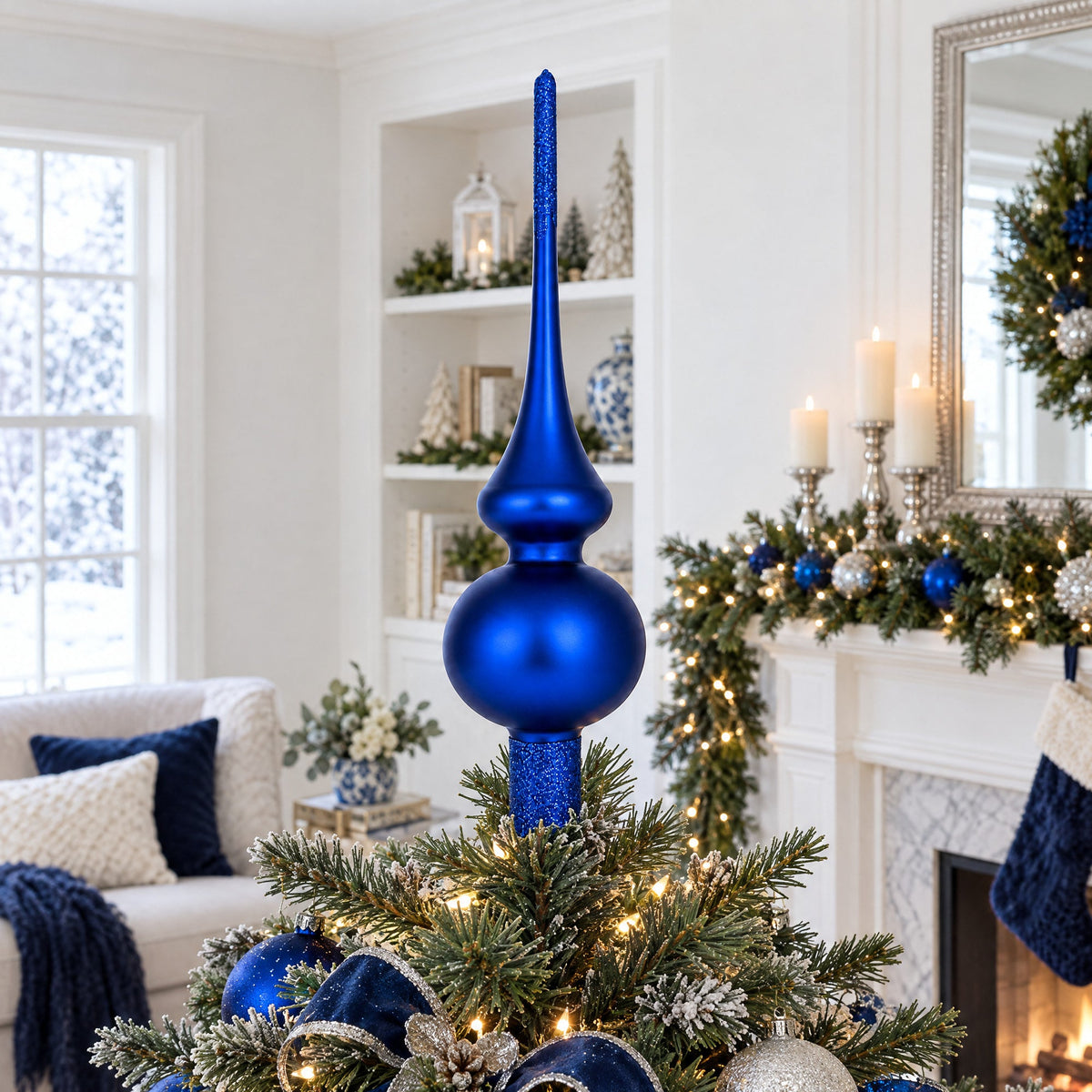 Matte Blue with Sparkling Top Glass Christmas Tree Topper 11 Inches