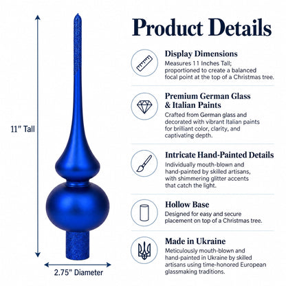 Matte Blue with Sparkling Top Glass Christmas Tree Topper 11 Inches
