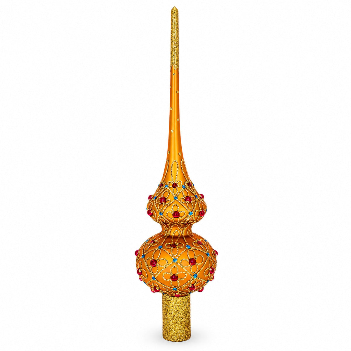 Red Jewels on Gold Geometrical Glass Christmas Tree Topper 11 Inches