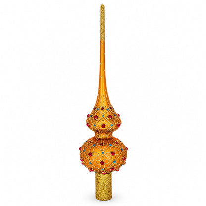 Red Jewels on Gold Geometrical Glass Christmas Tree Topper 11 Inches