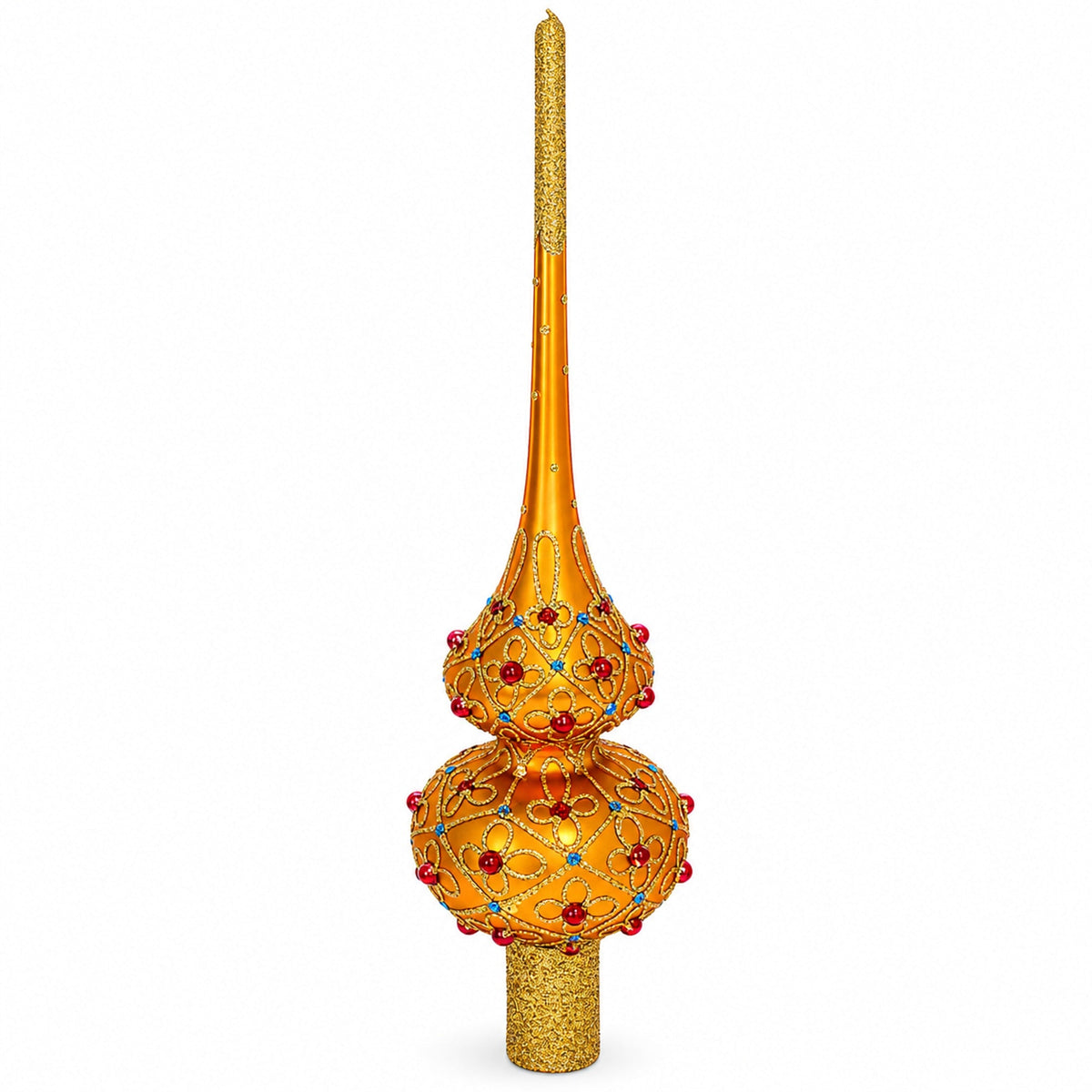 Red Jewels on Gold Geometrical Glass Christmas Tree Topper 11 Inches