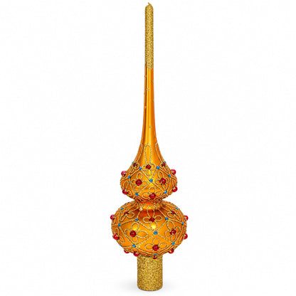 Red Jewels on Gold Geometrical Glass Christmas Tree Topper 11 Inches