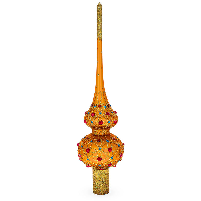 Red Jewels on Gold Geometrical Glass Christmas Tree Topper 11 Inches
