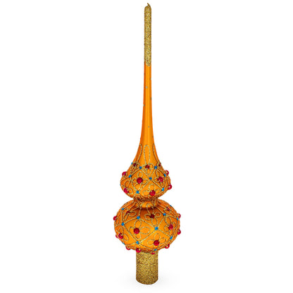 Red Jewels on Gold Geometrical Glass Christmas Tree Topper 11 Inches