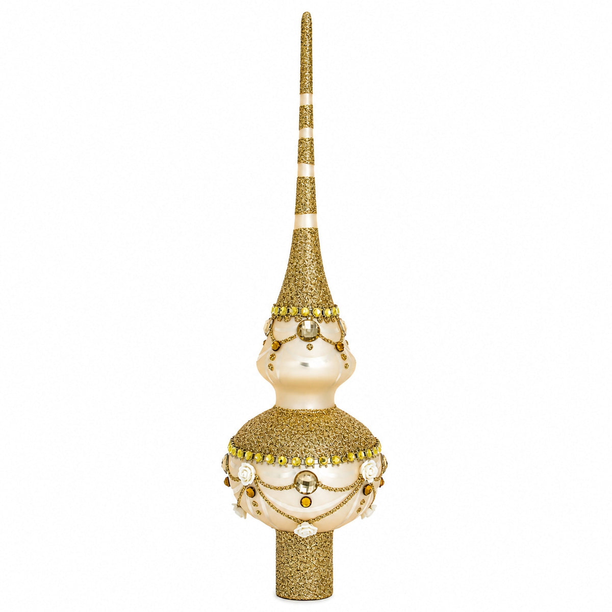 Dimensional Roses on Sparkling Beige Glass Christmas Tree Topper 11 Inches