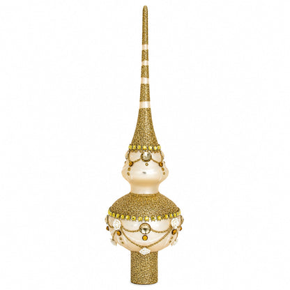 Dimensional Roses on Sparkling Beige Glass Christmas Tree Topper 11 Inches