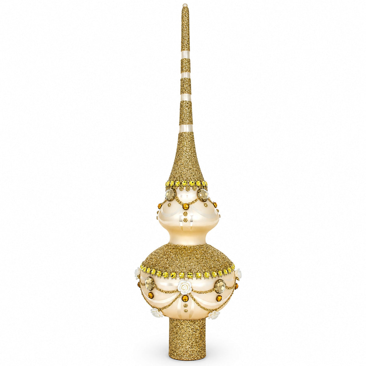 Dimensional Roses on Sparkling Beige Glass Christmas Tree Topper 11 Inches