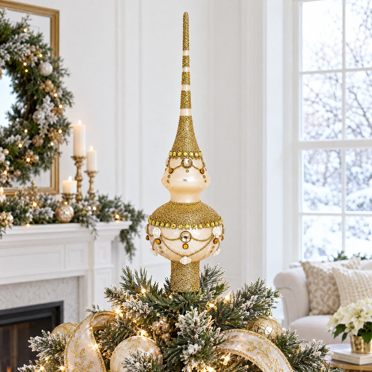 Dimensional Roses on Sparkling Beige Glass Christmas Tree Topper 11 Inches