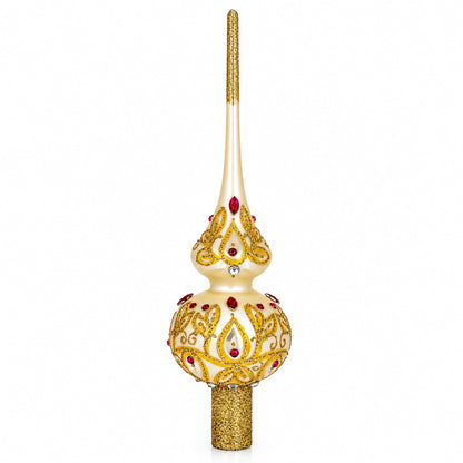 Red Jeweled with Golden Leaves Glass Christmas Tree Topper 11 Inches