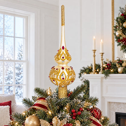 Red Jeweled with Golden Leaves Glass Christmas Tree Topper 11 Inches