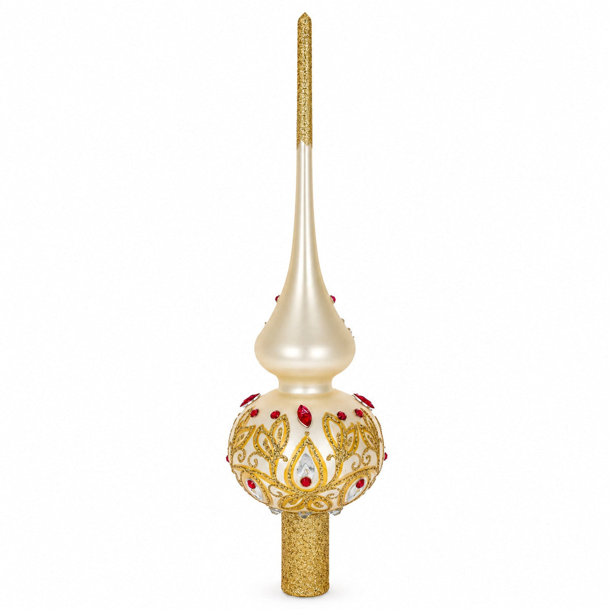 Red Jeweled with Golden Leaves Glass Christmas Tree Topper 11 Inches